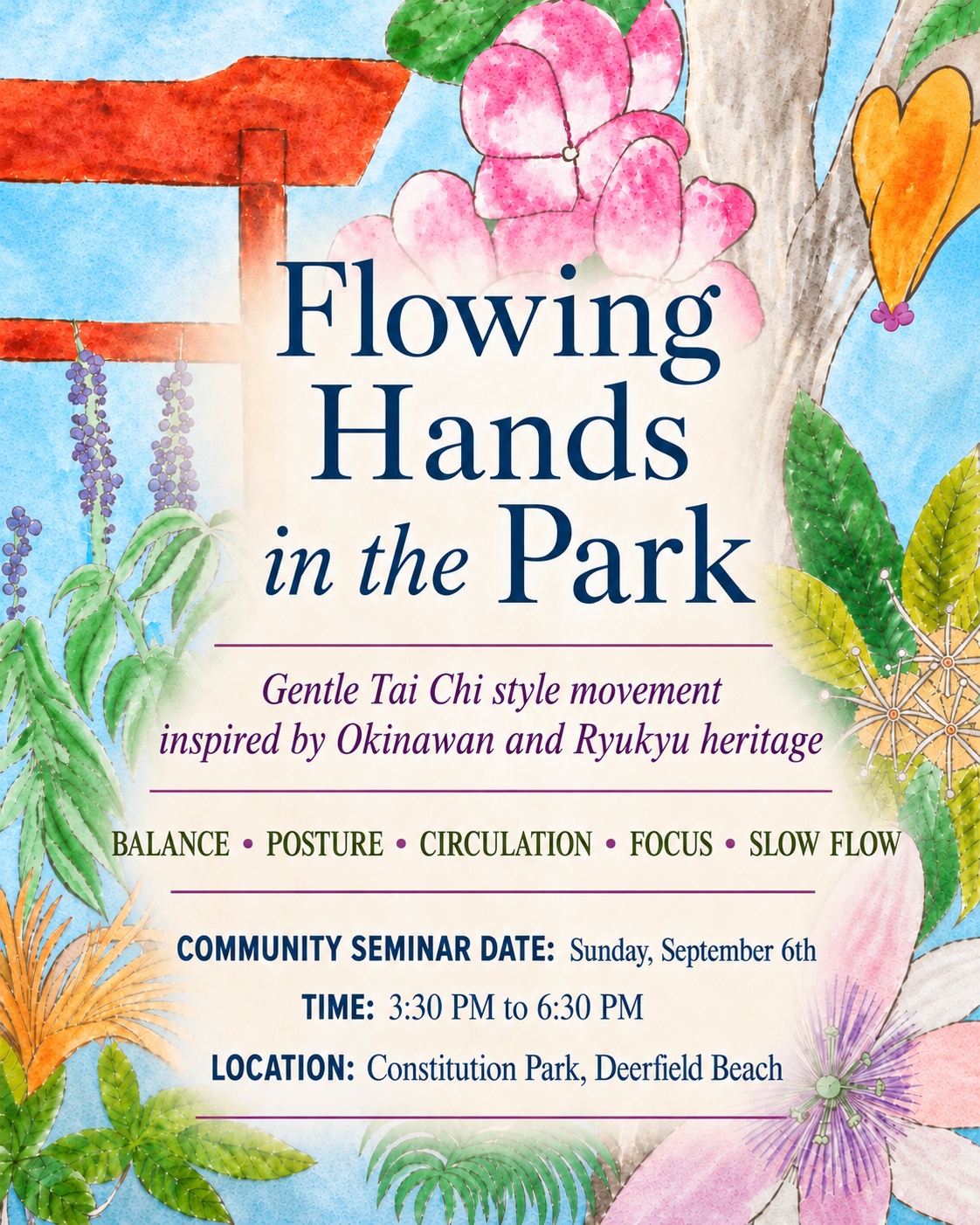 Flowing Hands in the Park community seminar flyer for Sunday, September 6, 2026